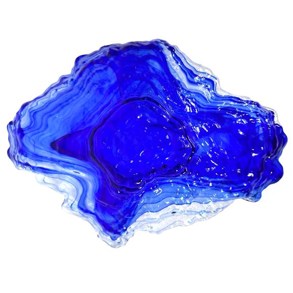 Abstract Blown Art Glass MCM Oyster Design Cobalt Ice Blue Clear Serving Bowl! - Picture 3 of 9